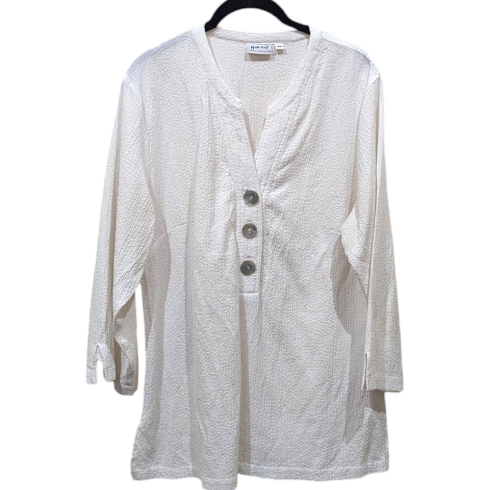 Habitat White Crinkle Fabric Three Button Popover Lagenlook Tunic (M)